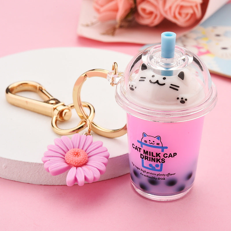 Cat Boba Milk Tea Drink with Daisy charm Assorted Key Chain - 0