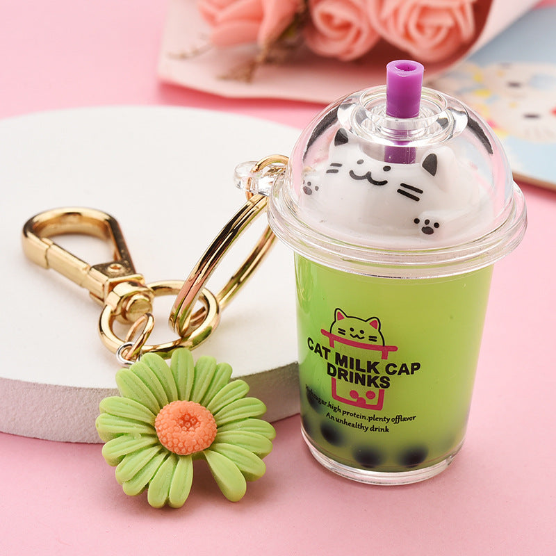 Cat Boba Milk Tea Drink with Daisy charm Assorted Key Chain