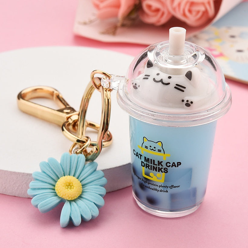 Buy blue Cat Boba Milk Tea Drink with Daisy charm Assorted Key Chain